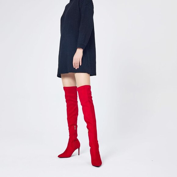 ⚡Women's Suede Red Sexy 4.3 inch Tang Thigh High Boots Over Knee Pointed Toe - Picture 6 of 9
